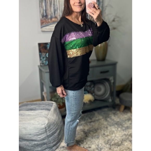 Mardi Gras Sequined Color Block French Terry Purple Green Gold Black 1123 - Picture 6 of 11